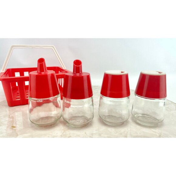 Vintage 70s condiment caddy, picnic plastic and glass dispensers - Picture 4 of 10